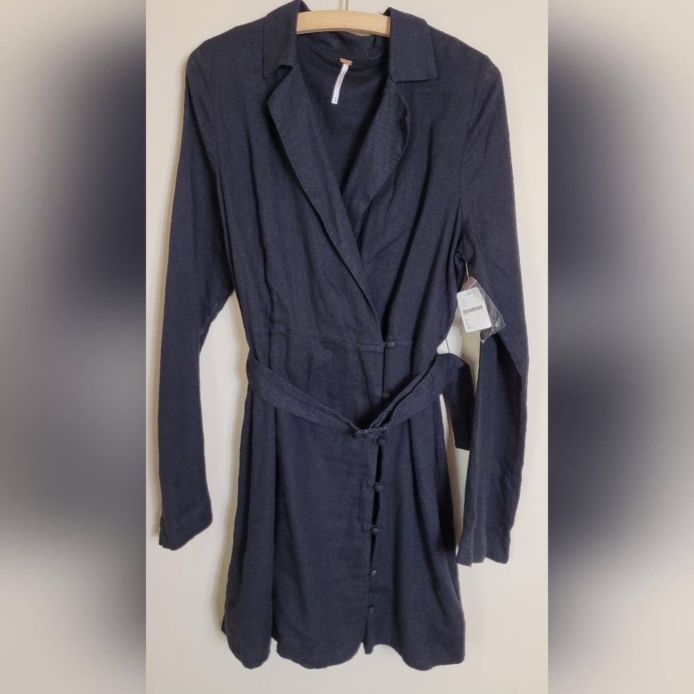 Free People NWT Black Bell Sleeve Button-Up Short Dress Large